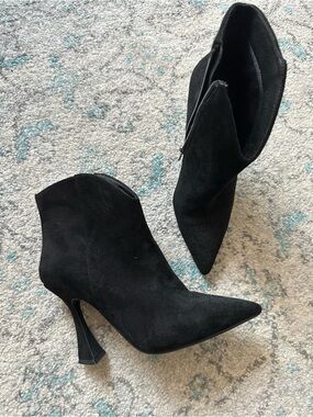 Black Suede Pointed Ankle Booties with Sculpted Heel